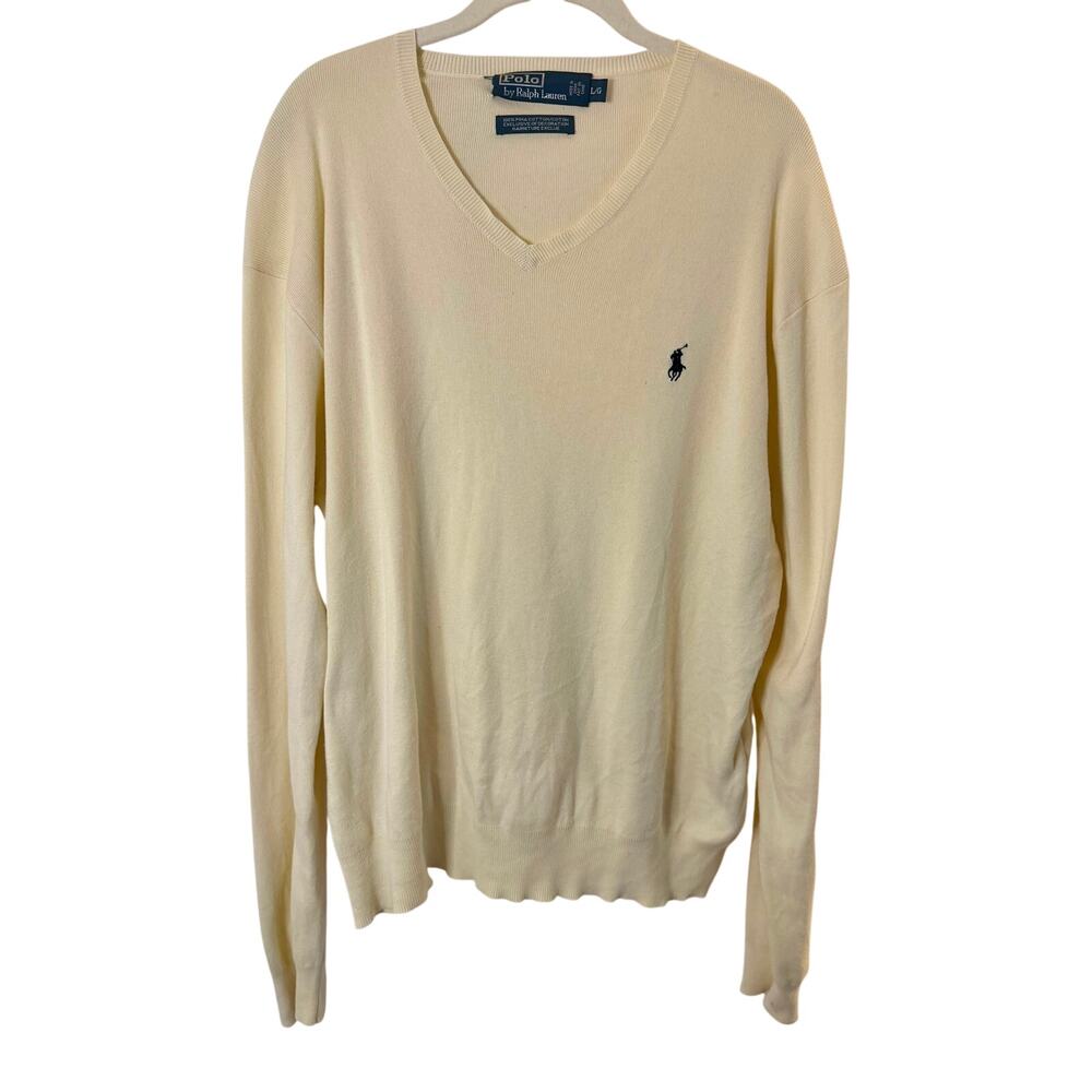 Vintage Polo Ralph Lauren V-neck Pima Cotton Knit Sweater in Cream Men's sz. L